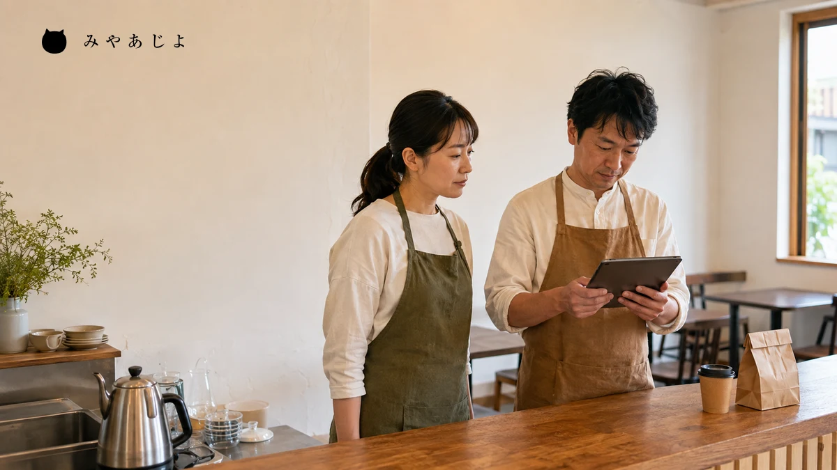 架空のカフェの店主とスタッフがカウンターで端末を見ながら持ち帰りと店内利用の案内を確認する編集イメージ