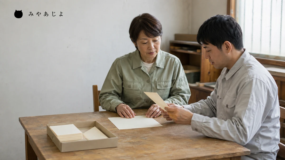 架空の紙製品工場の指導役と新人が練習後に見本と記録用紙を確認して話し合う編集イメージ