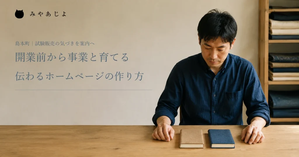 開業前から事業と育てる、伝わるホームページの作り方。創業者が布製ブックカバーの試作品を確認する編集イメージ