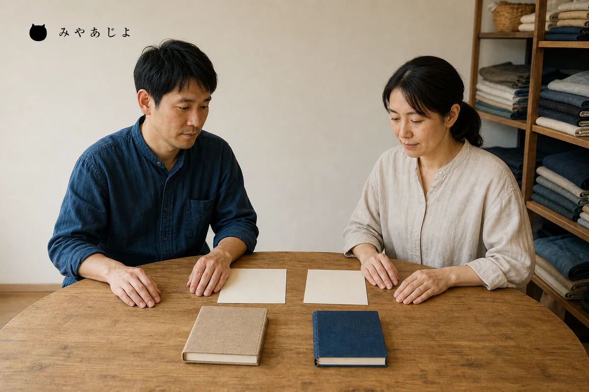 布小物事業者二人がブックカバーと白紙の原稿を並べて試験販売後の商品説明を見直す編集イメージ