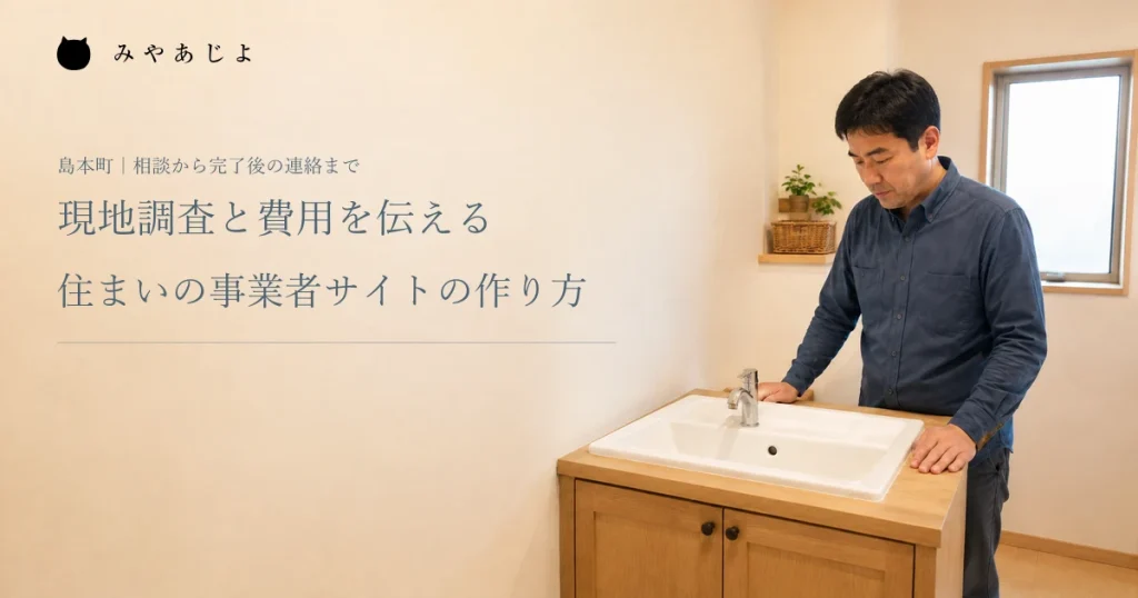 現地調査と費用を伝える、住まいの事業者サイトの作り方。設備担当者が洗面台を目視で確認する編集イメージ