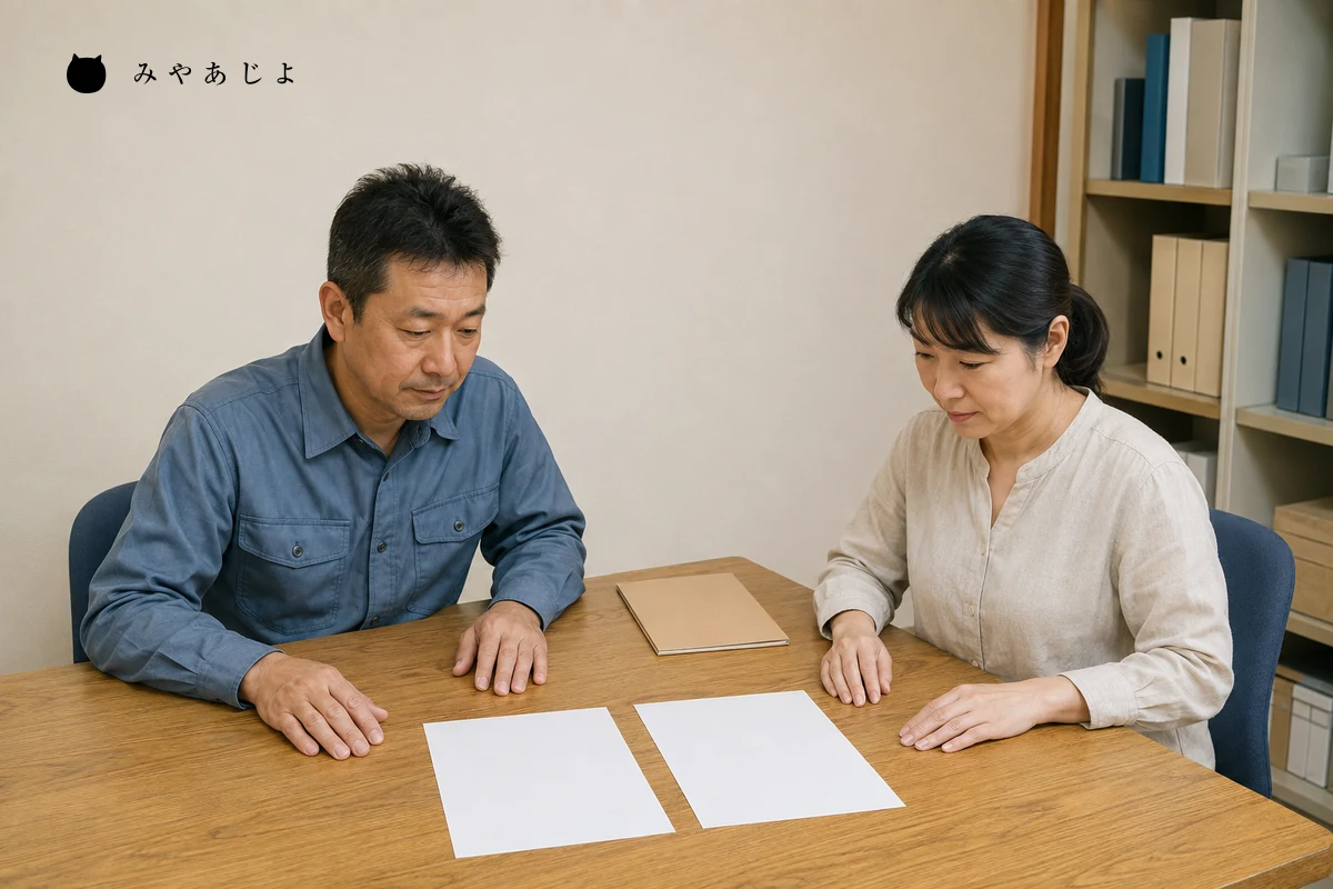 住まいの設備会社で担当者二人が白紙の資料を見比べ、現地確認と見積の説明を照合する編集イメージ