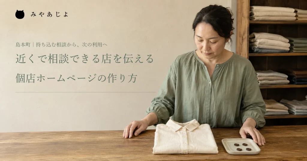近くで相談できる店を伝える、個店ホームページの作り方。手芸用品店主が衣類とボタンを確認する編集イメージ