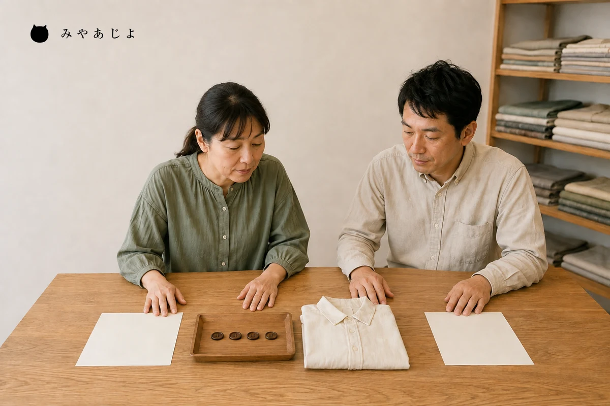 手芸用品店のスタッフ二人がボタンの見本と白紙の案内を並べ、相談できる内容を確認する編集イメージ