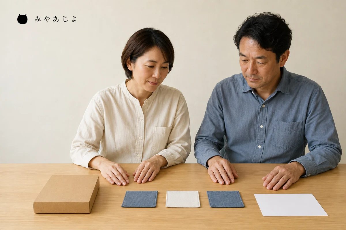 商品担当者二人が無地の布コースターと白紙の仕様用紙を並べて商品内容と包装案内を照合する編集イメージ