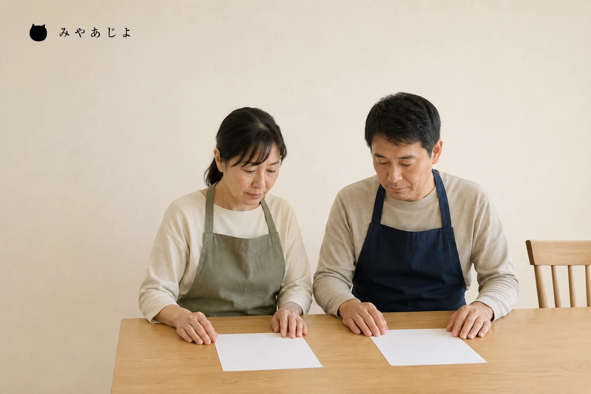 飲食店担当者二人が白紙の予約案内と来店案内を並べて時刻の意味と案内内容を照合する編集イメージ