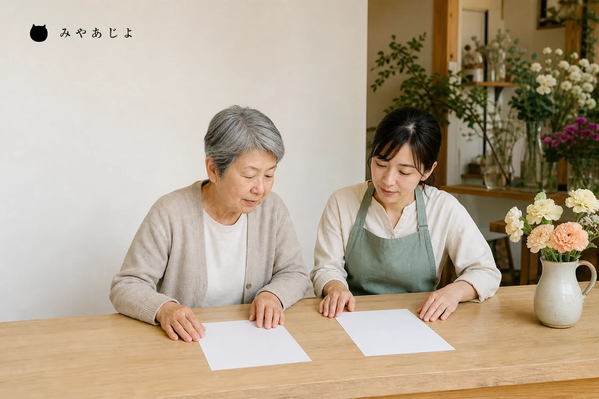 花店の新旧担当者が白紙の案内用紙を見比べ、常連客向け告知と現在の店舗情報を照合する編集イメージ