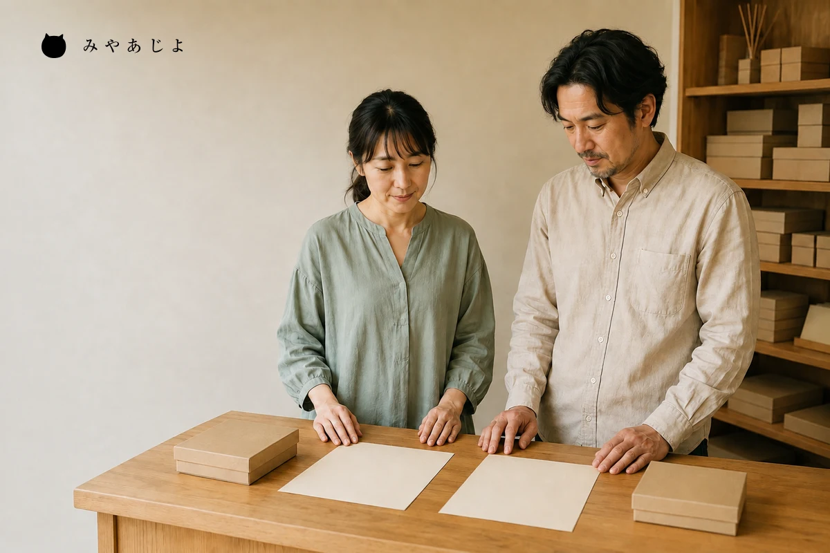 紙雑貨店の担当者二人が紙箱と白紙の案内を並べて店舗と外部施設の案内範囲を確認する編集イメージ