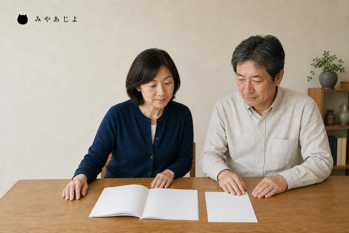 体験企画担当者二人が白紙の資料と行程用紙を照合し、歴史解説と当日の提供内容を確認する編集イメージ