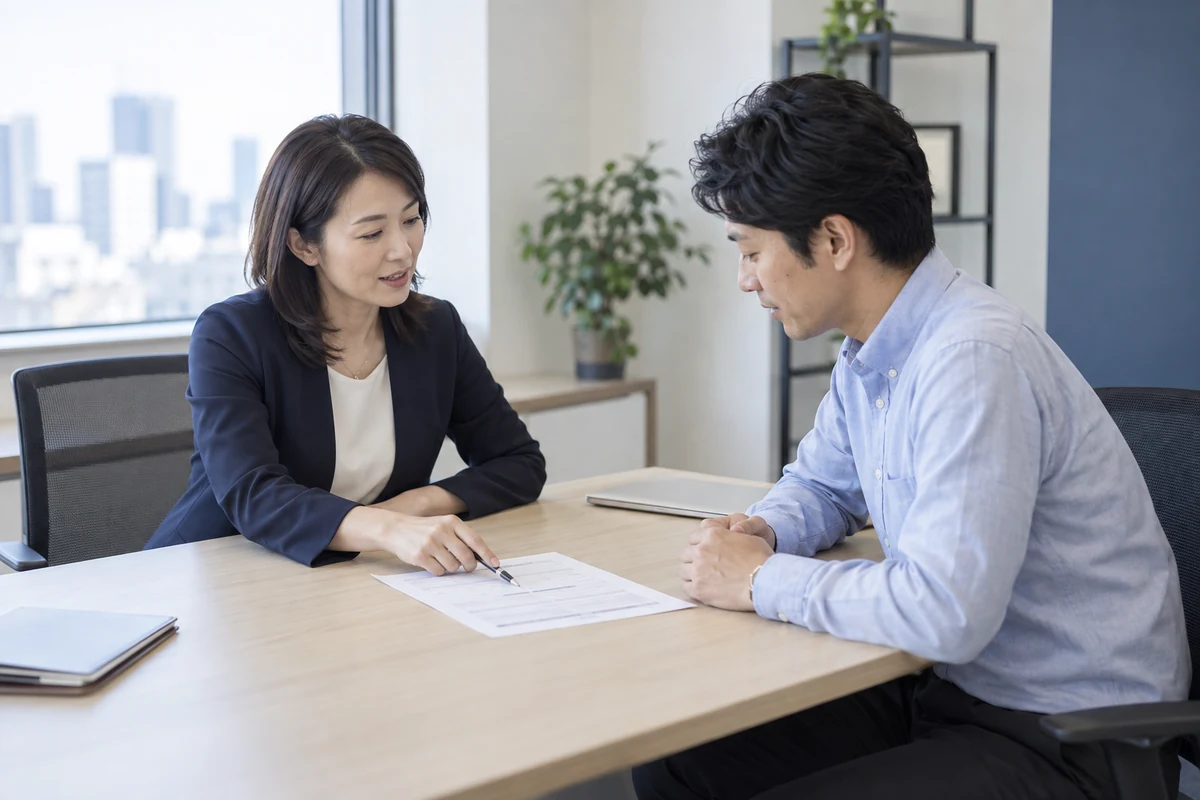 職歴と希望条件の資料を見ながら話す人材サービスの担当者と相談者のイメージ