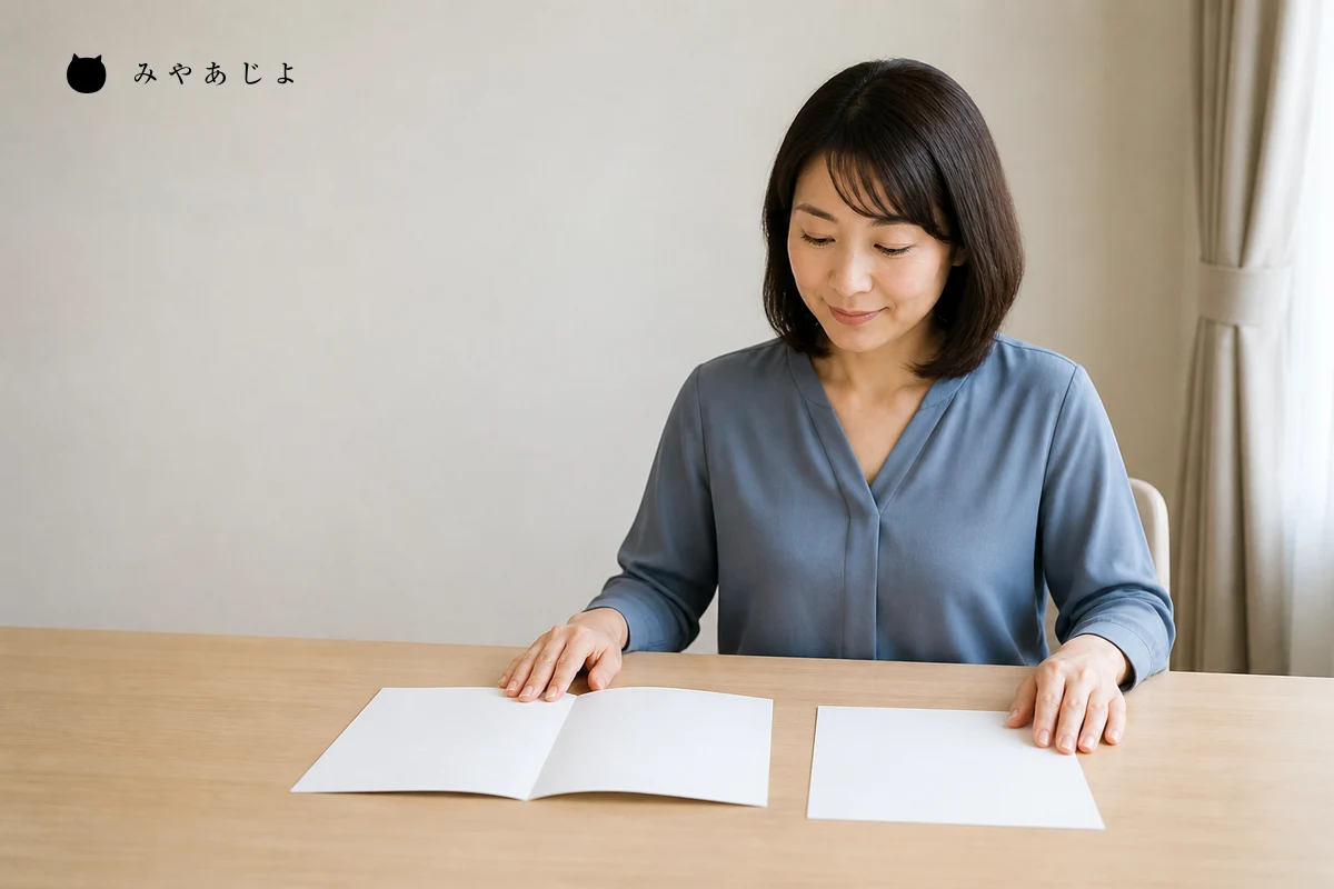 法人サービス担当者が白紙の資料と納品内容の見本を机上で照合する編集イメージ