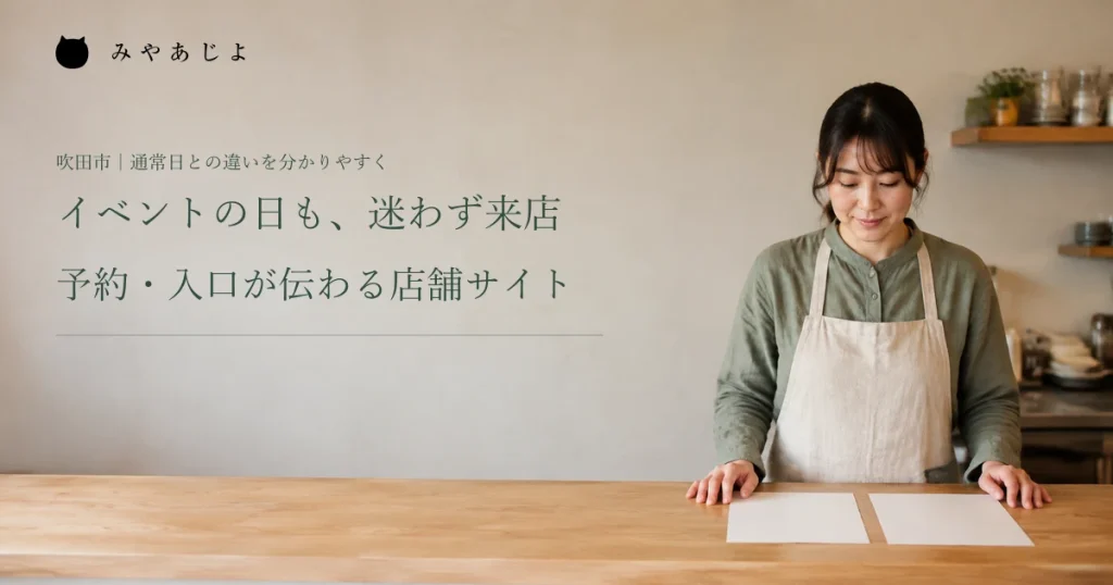 イベントの日も、迷わず来店。予約・入口が伝わる店舗サイト。店舗担当者が営業案内を確認する編集イメージ