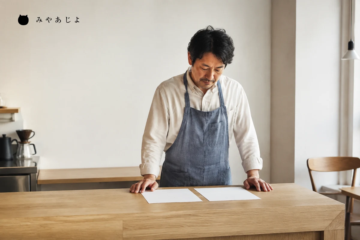 店舗担当者が白紙の営業案内と予約確認用の資料をカウンターで照合する編集イメージ