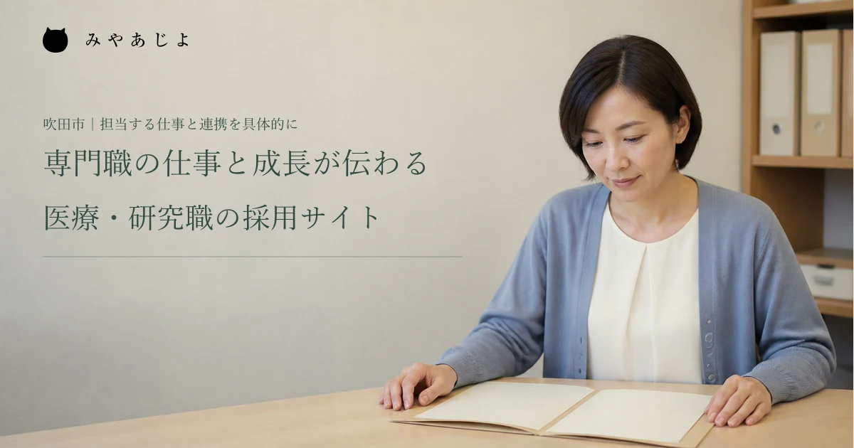 専門職の仕事と成長が伝わる医療・研究職の採用サイト。研究支援担当者が資料を確認する編集イメージ