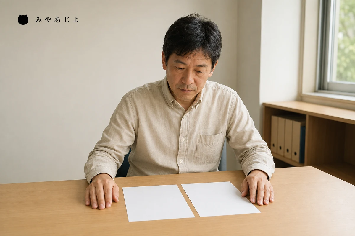 採用担当者が職務紹介の確認用に用意した白紙資料を机で見直す編集イメージ