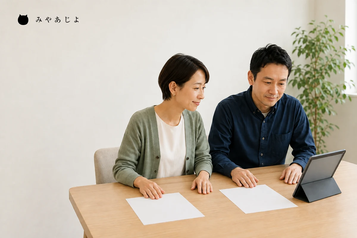 ヘルスケア企業の担当者二人が無地の案内端末と白紙資料を前に導入条件を確認する編集イメージ
