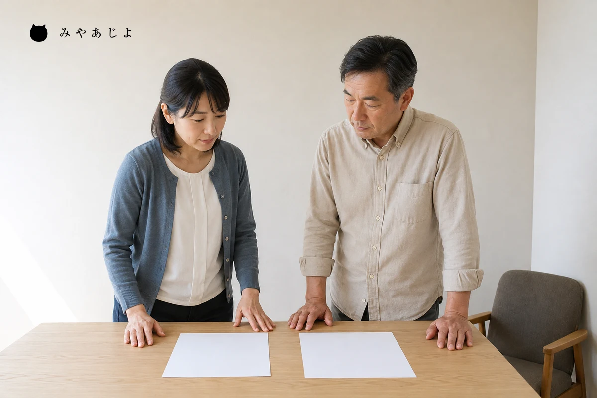 企画担当者二人が白紙の募集案内と結果報告用の資料を並べて確認する編集イメージ