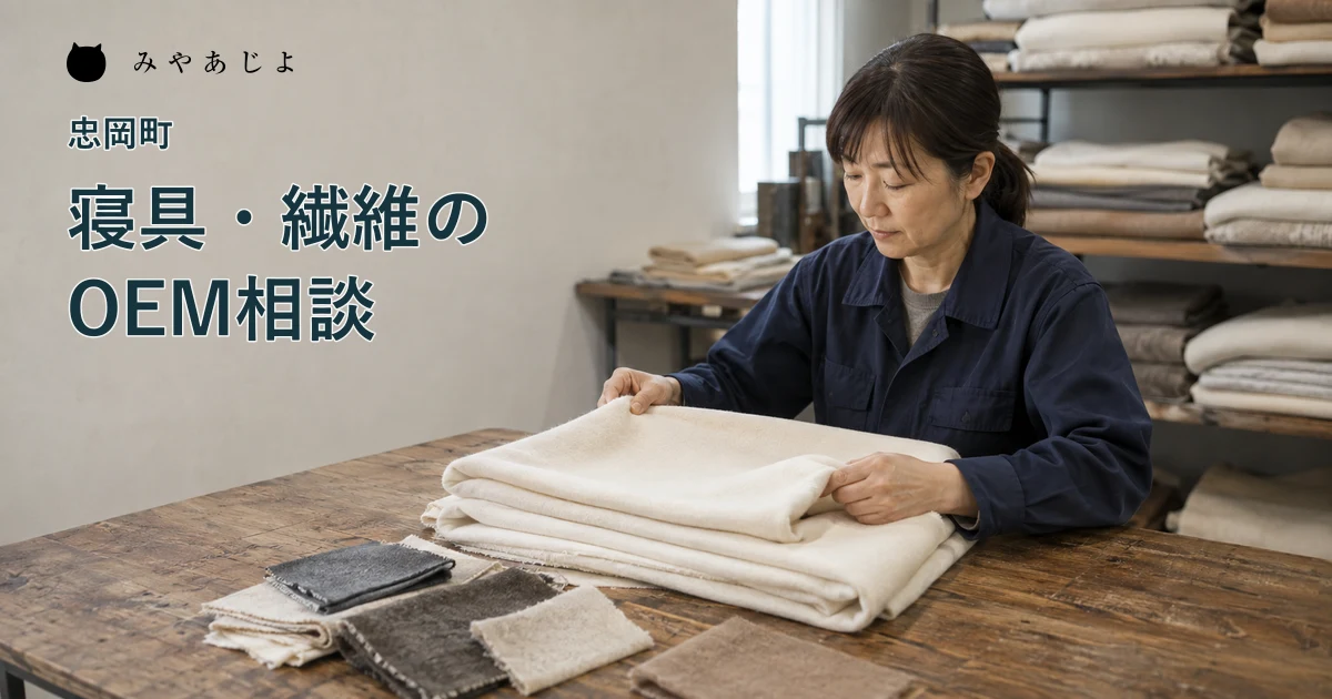 毛布と生地見本を作業台で確認する架空の編集イメージ
