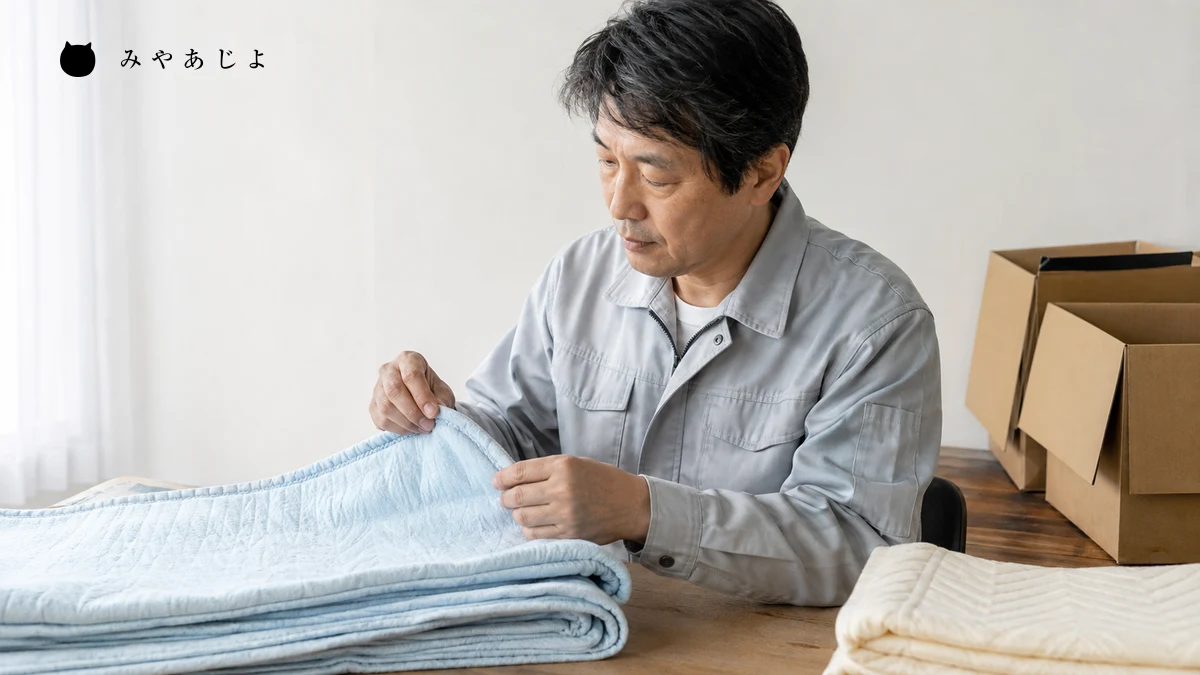 寝具の縁と仕上がりを作業台で確認する架空の編集イメージ