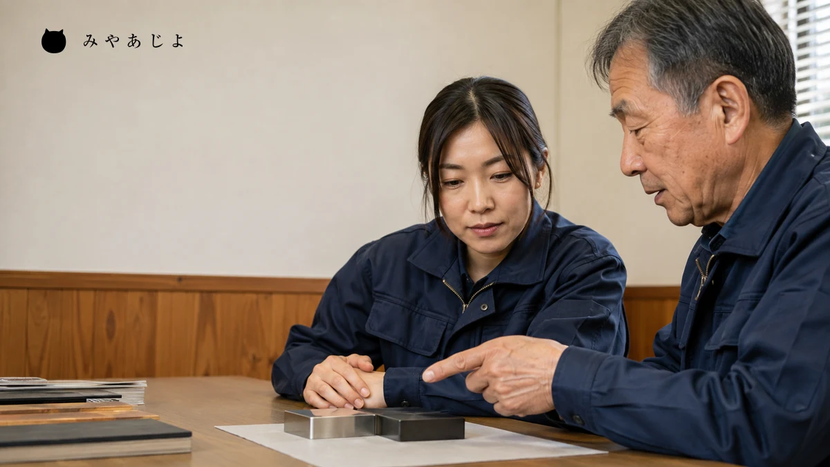 机上の見本を使って仕事の見方を教わる架空の新人と指導役の編集イメージ