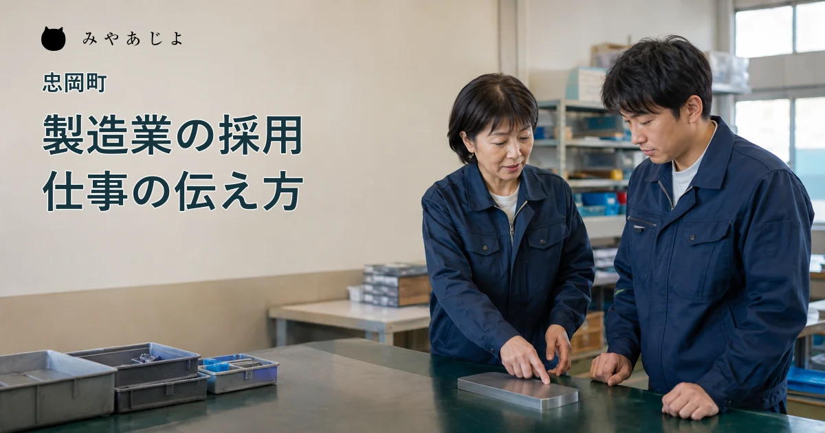 工場の机で仕事の説明を受ける架空の新人と指導役の編集イメージ