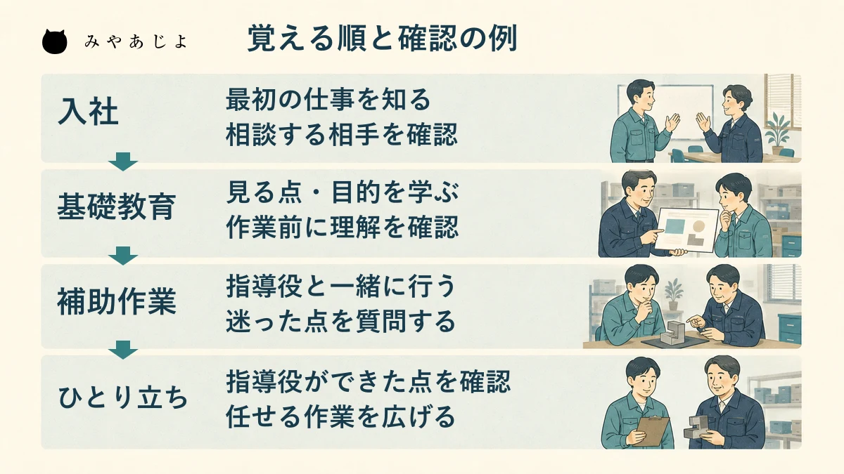 入社、基礎教育、補助作業、確認後のひとり立ちへ進む育成例の図