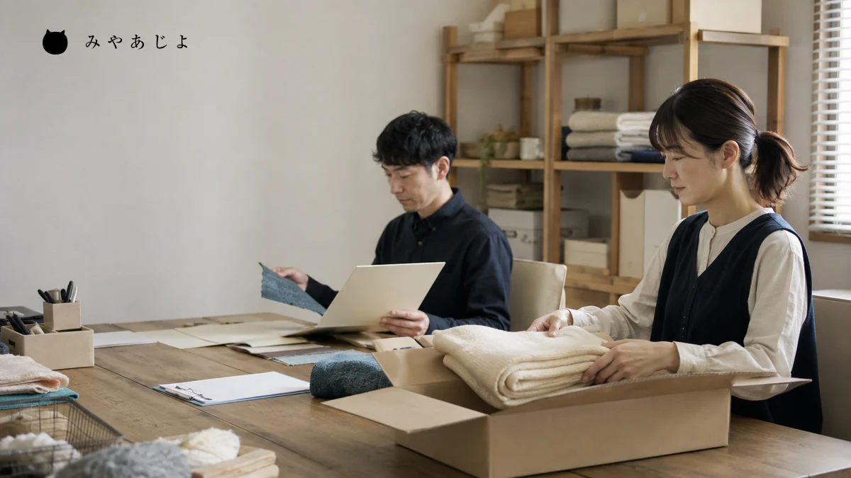 架空のメーカーで既製品の出荷と別仕様の相談資料を分けて扱う担当者の編集イメージ