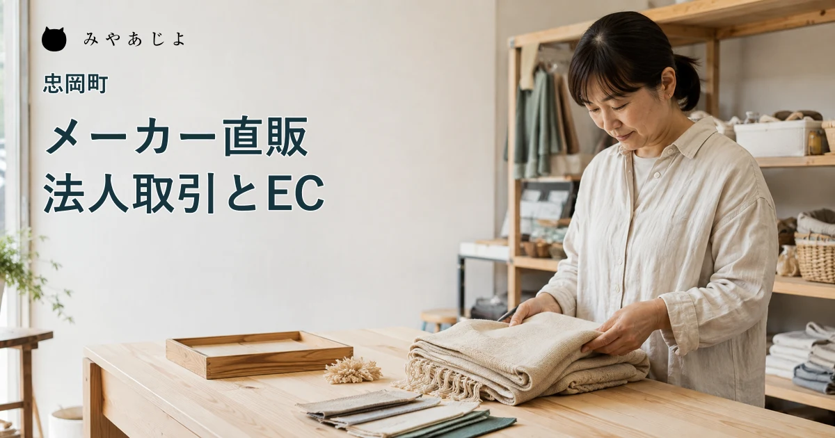 架空の生活用品メーカーで完成品と素材見本を確認する担当者の編集イメージ