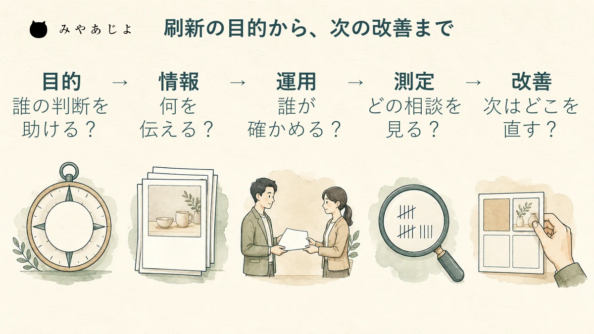 目的、情報、運用、測定、改善を順につなげて刷新範囲を決める図