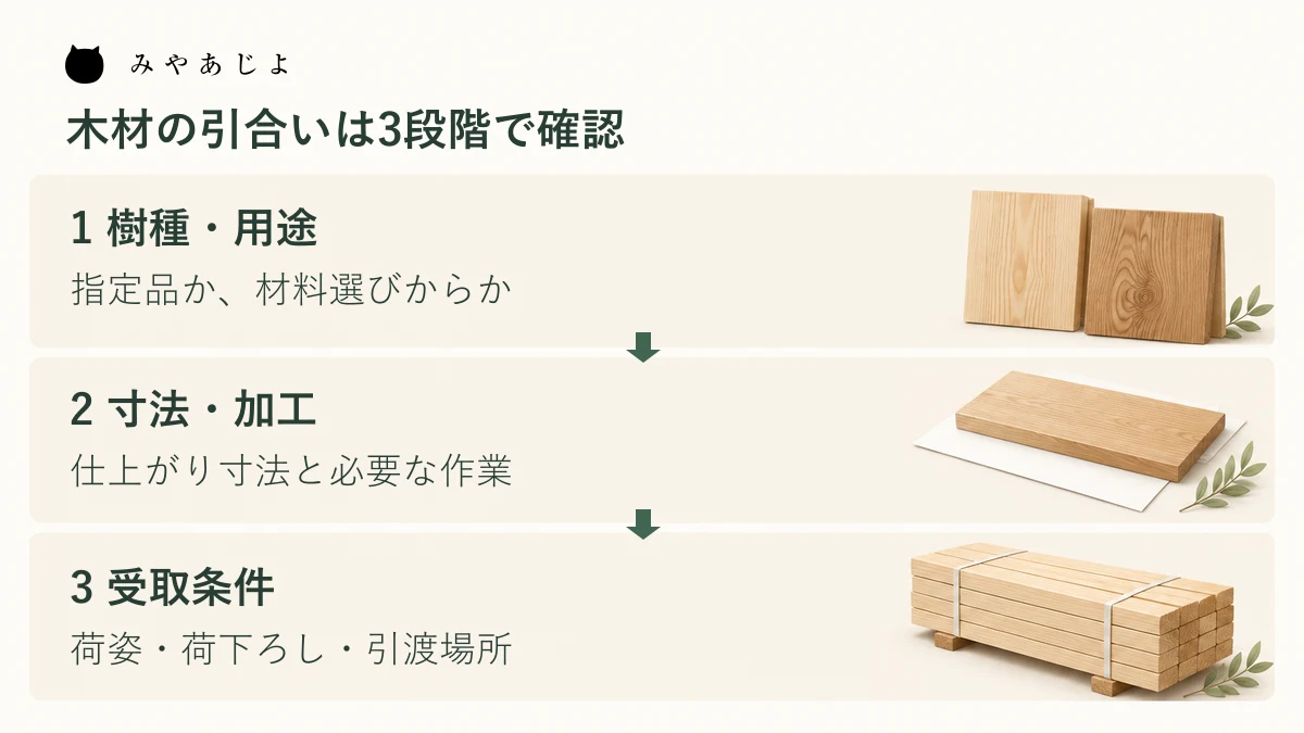 樹種・用途、寸法・加工、受け取り条件の順に木材の引合いを確認する図