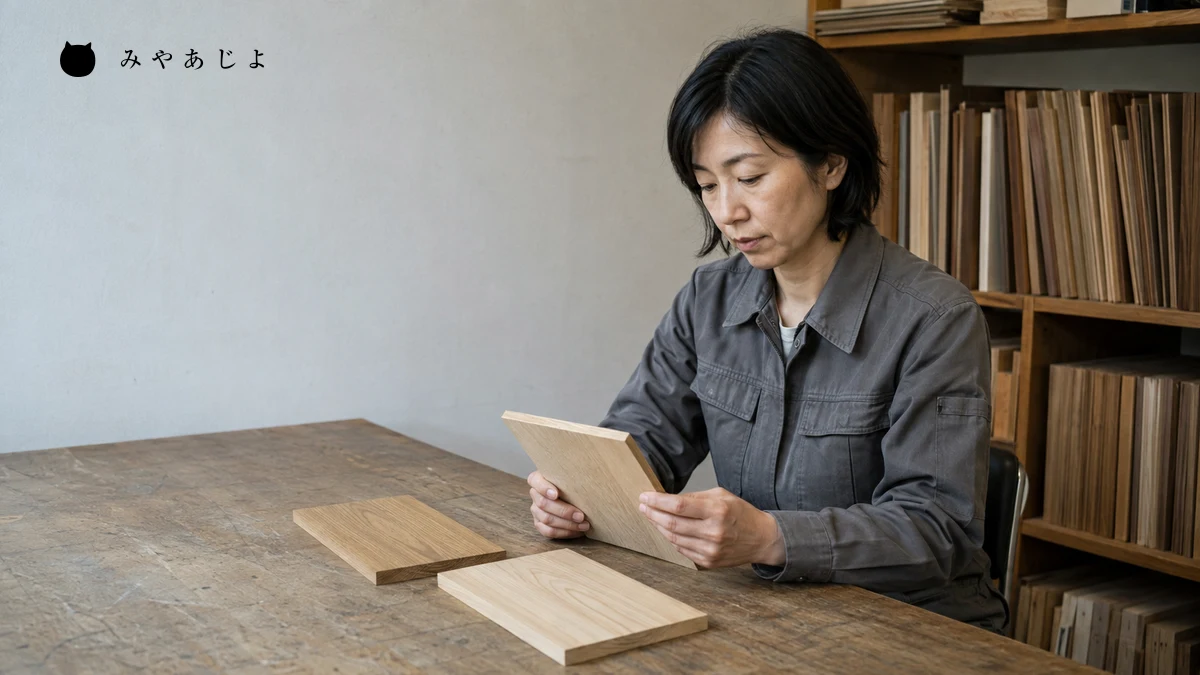 木材の表面と色の違いを小さな見本で確認する架空の編集イメージ