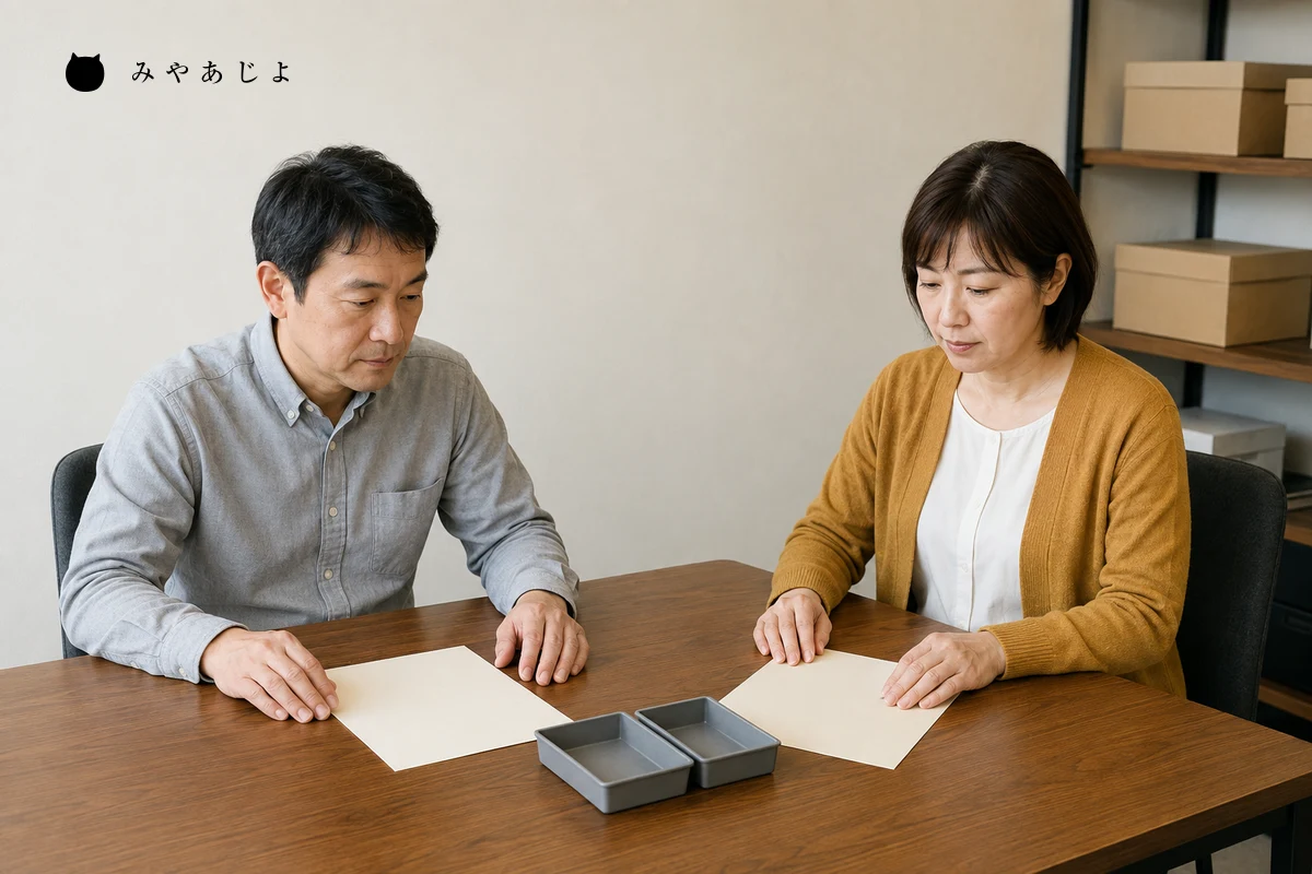 企業担当者二人が検討用の棚に置く無地の部品ケースと白紙の資料を見て協業募集の条件を整理する編集イメージ
