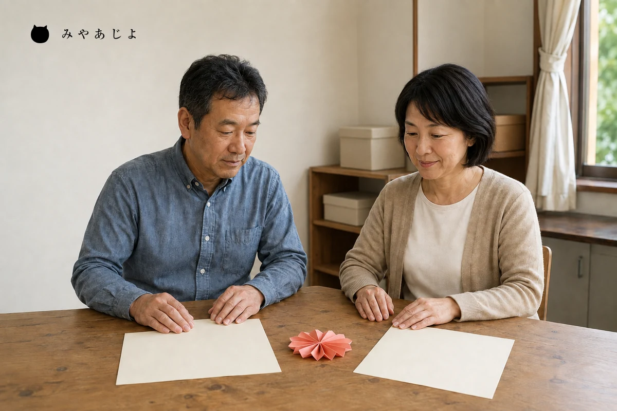 体験運営担当者二人が紙の折り飾りと白紙の案内を使って参加条件を確認する編集イメージ