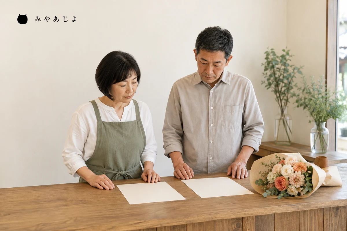 花店のスタッフ二人が花束と案内用の紙を見ながら、商品説明と受付条件を確認する編集イメージ