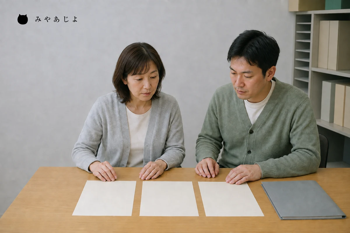 医療機関の事務担当者二人が白紙の案内用紙と無地のフォルダーを使って初診予約の引継ぎ手順を確認する編集イメージ