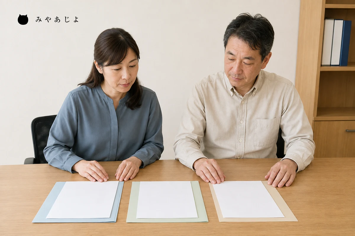 地域企業の採用担当者二人が、職種紹介に使う紙の資料を並べて説明内容を確認する編集イメージ