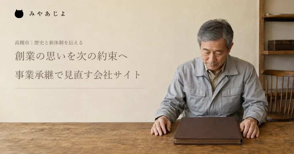 創業の思いを次の約束へ、事業承継で見直す会社サイト。経営者が会社の歴史資料を確認する編集イメージ