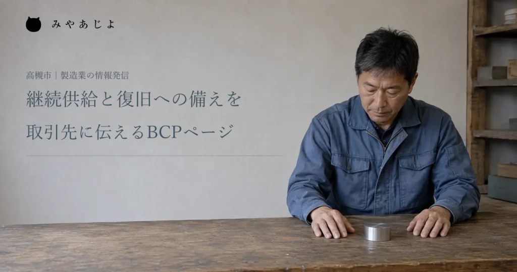 継続供給と復旧への備えを取引先に伝えるBCPページ。製造業担当者が作業台上の部品を確認する編集イメージ