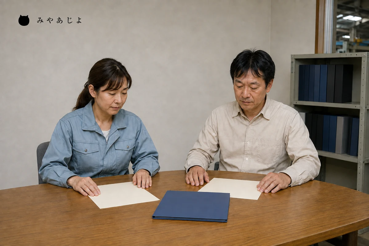 製造業の事務スペースで、作業着姿の担当者と営業担当者が白紙資料を使い、公開する供給体制と個別に共有する条件を確認する編集イメージ