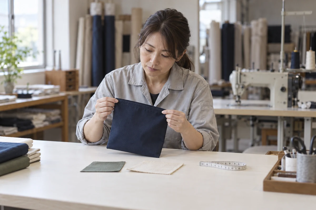 繊維製品の担当者が作業台で縫製サンプルと生地見本を確認するイメージ