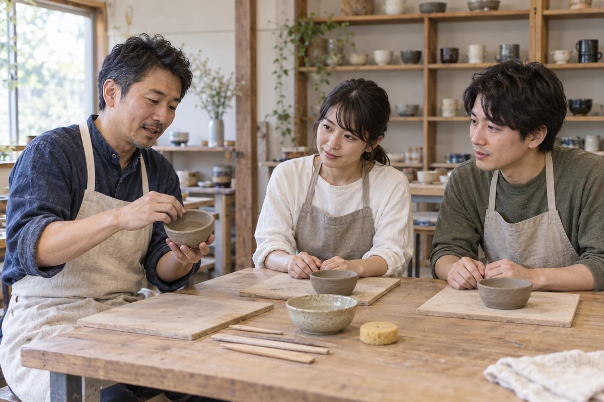 工芸体験の講師が参加者へ手びねりの器づくりを説明するイメージ
