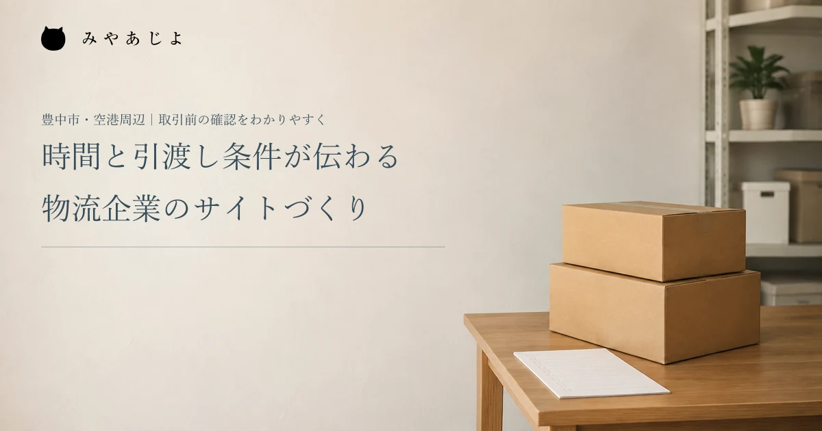 時間と引渡し条件が伝わる物流企業のサイトづくり。梱包した箱と確認資料の編集イメージ