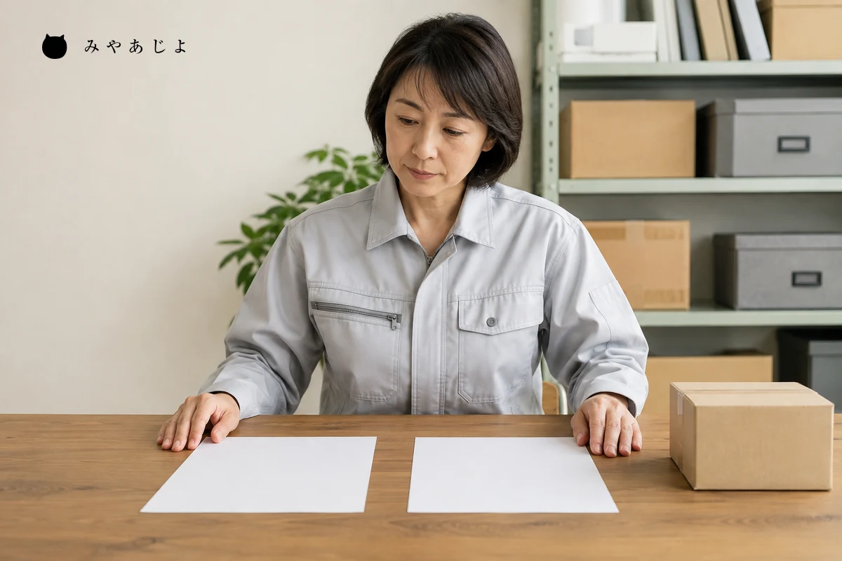 物流会社担当者が梱包済みの箱と引渡し条件の資料を確認する編集イメージ