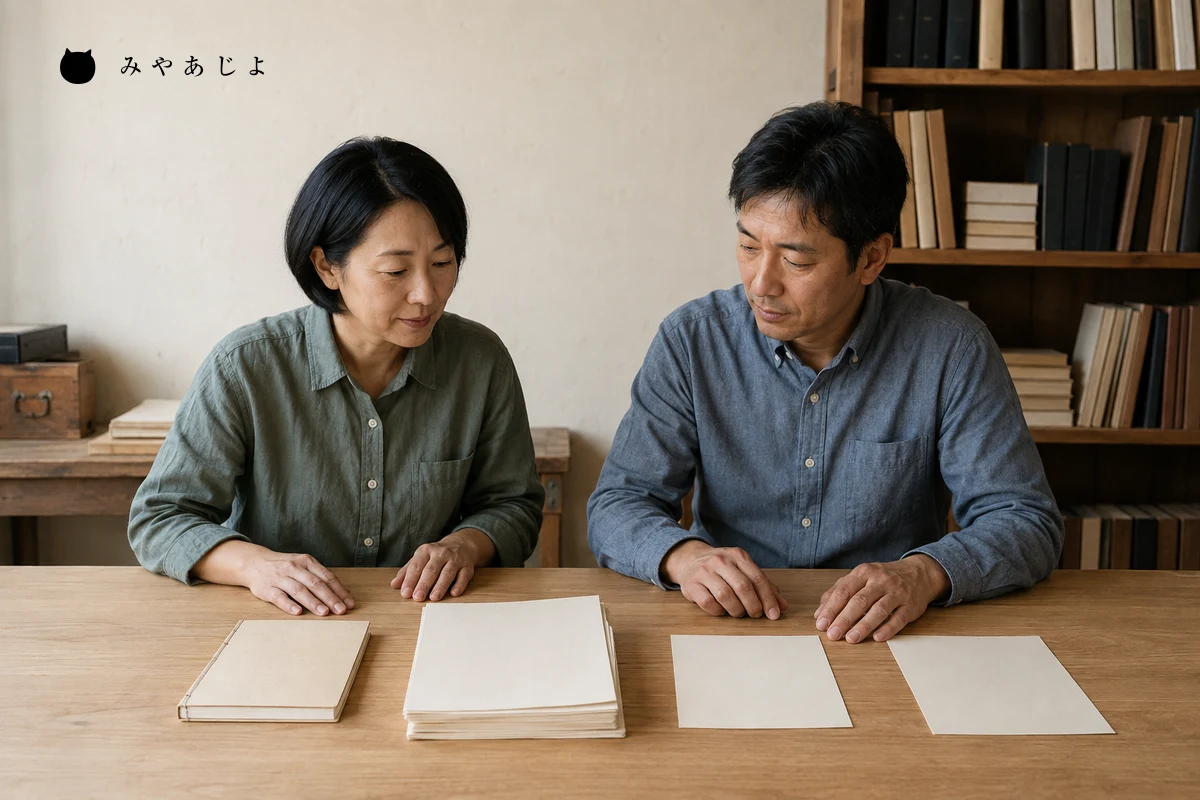 共同企画担当者二人が無地のノートと用紙を机上で照合し、体験会の案内と役割を確認する編集イメージ
