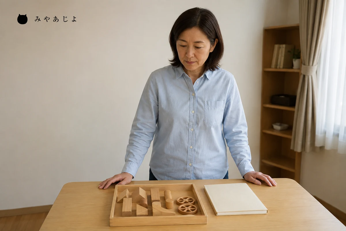 学習教室の担当者が木製の組立教材と無地の冊子を机上で照合し、コースごとの準備を確認する編集イメージ