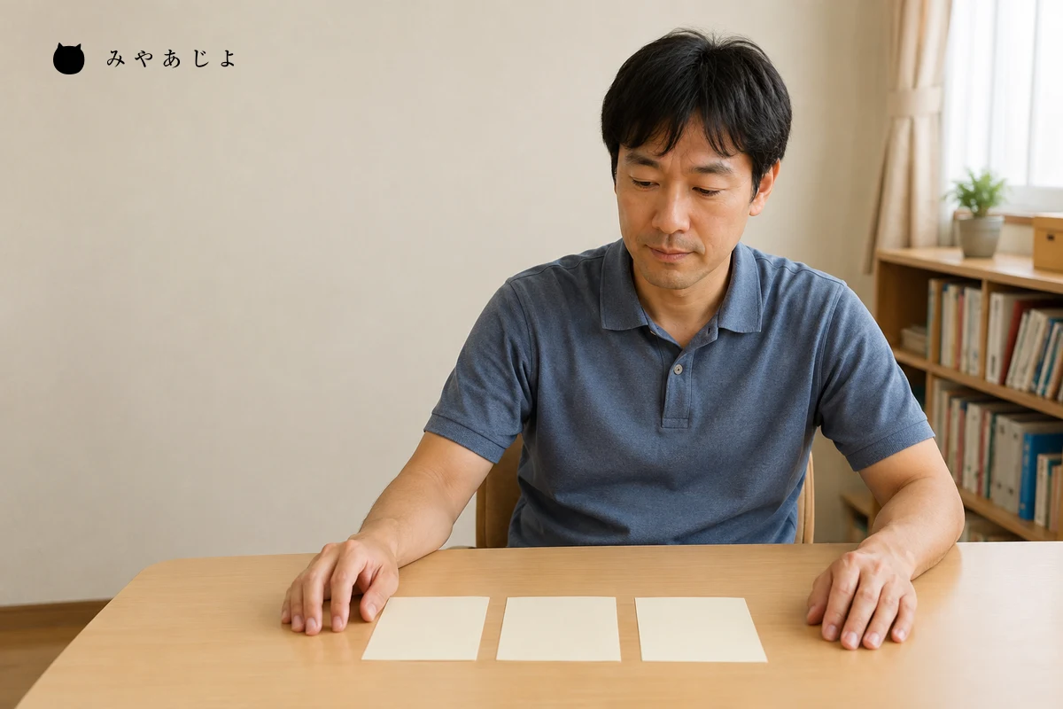 福祉事業所の職員が個人情報のないカードを机上で整理し、本人への説明と職種間の共有内容を確認する編集イメージ