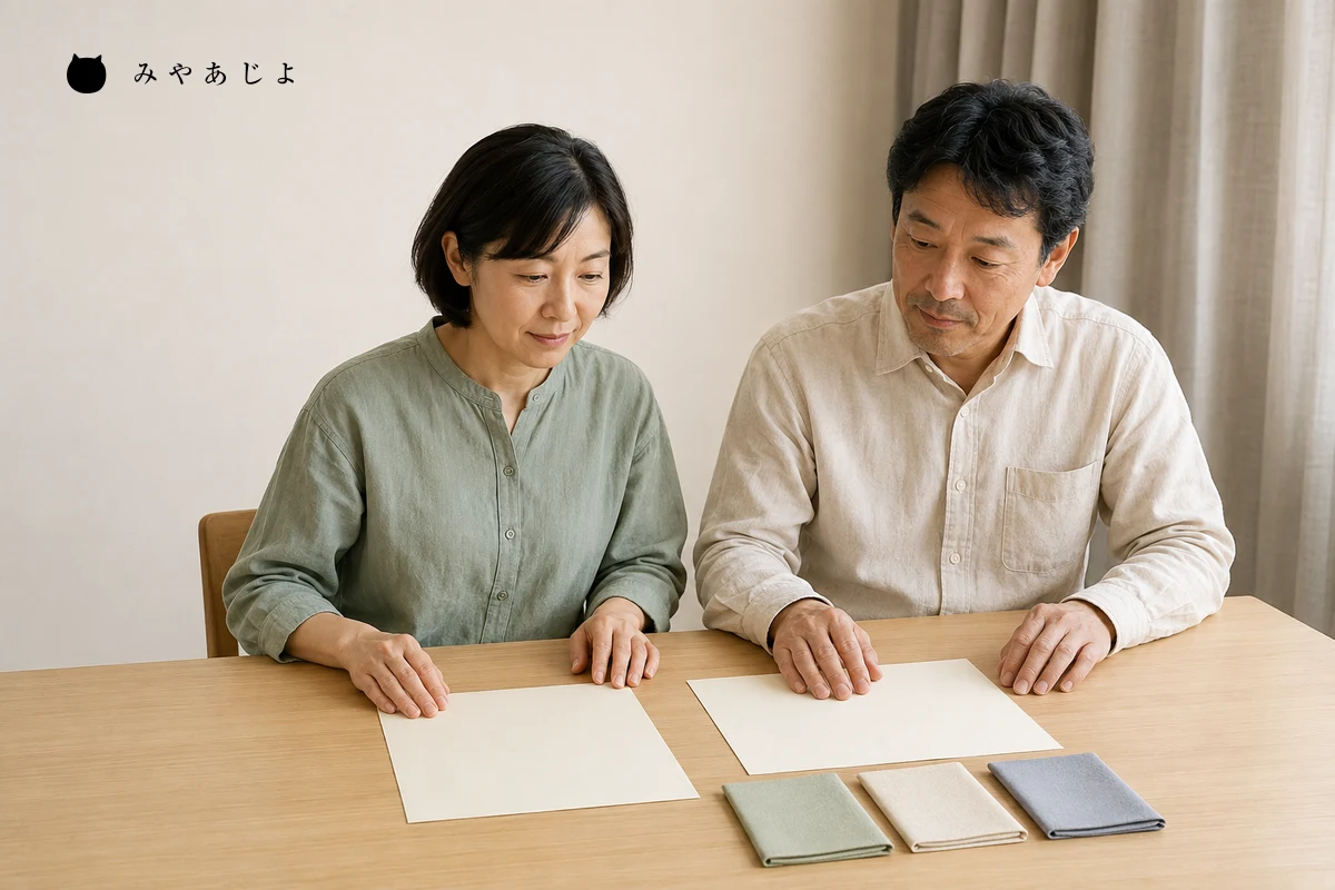 中小企業の担当者が記事原稿と確認資料を机上で照合している編集イメージ