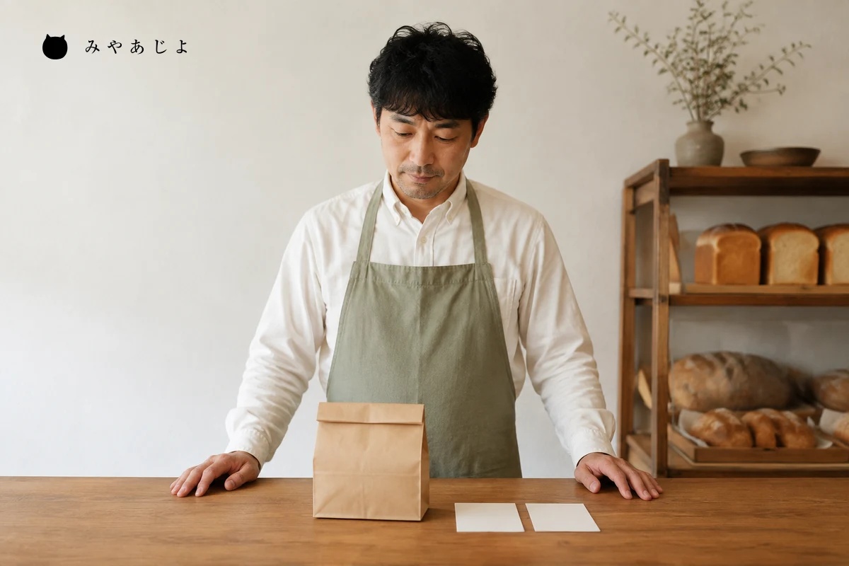 パン店の担当者が受取用の紙袋と次回案内の白紙カードをカウンターで確認する編集イメージ