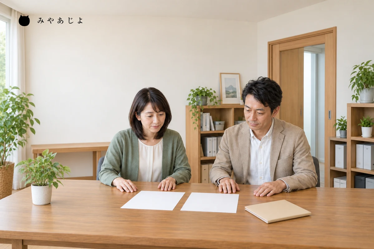 架空の空き家掲載担当者二人が、白紙の確認用紙を前に物件の状態説明と受付状況の更新を相談する編集用イメージ