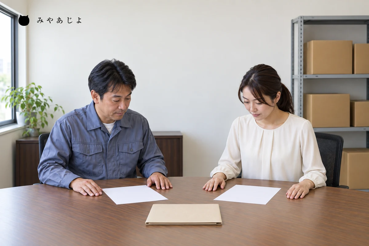 白紙の資料を机に置き、仕事内容と入社までの確認事項を話し合う架空の採用担当者と応募者